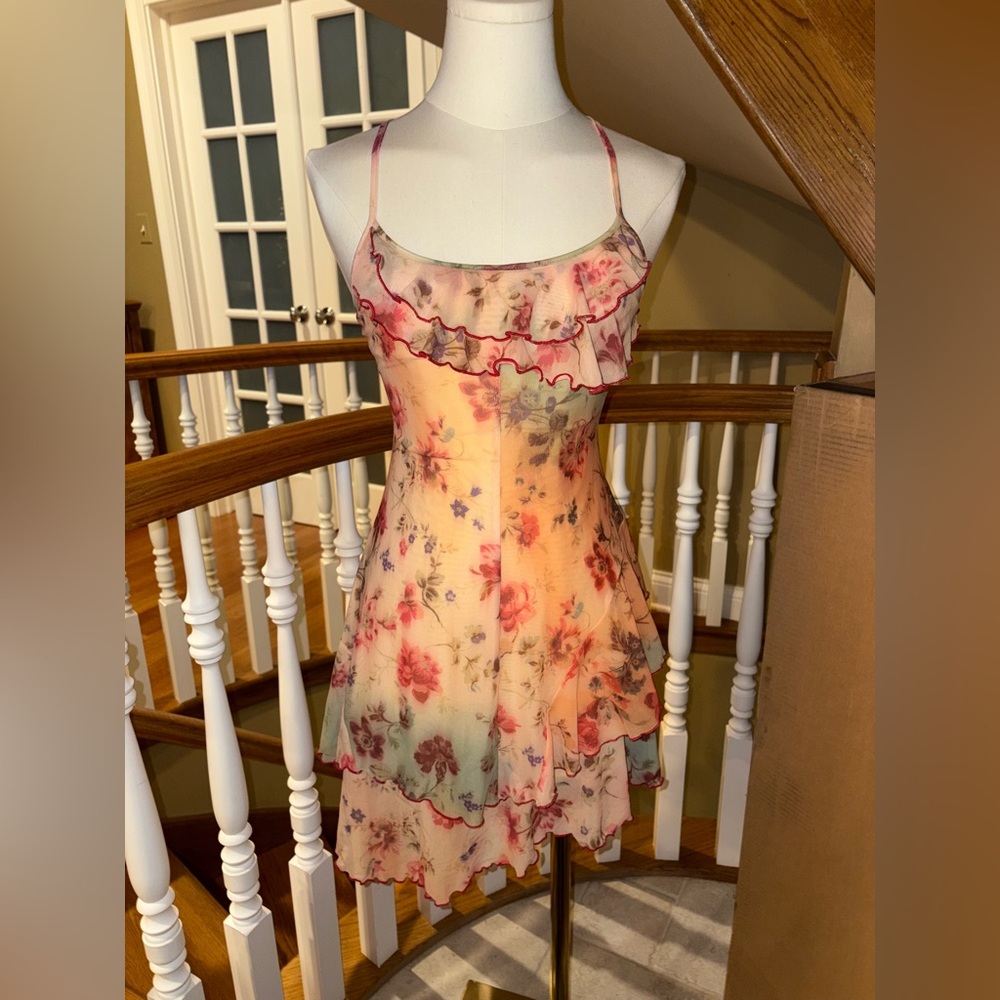 Urban Outfitters Lulu Floral Mesh Ruffle Mini Dress Dainty Tie Bust Frill
